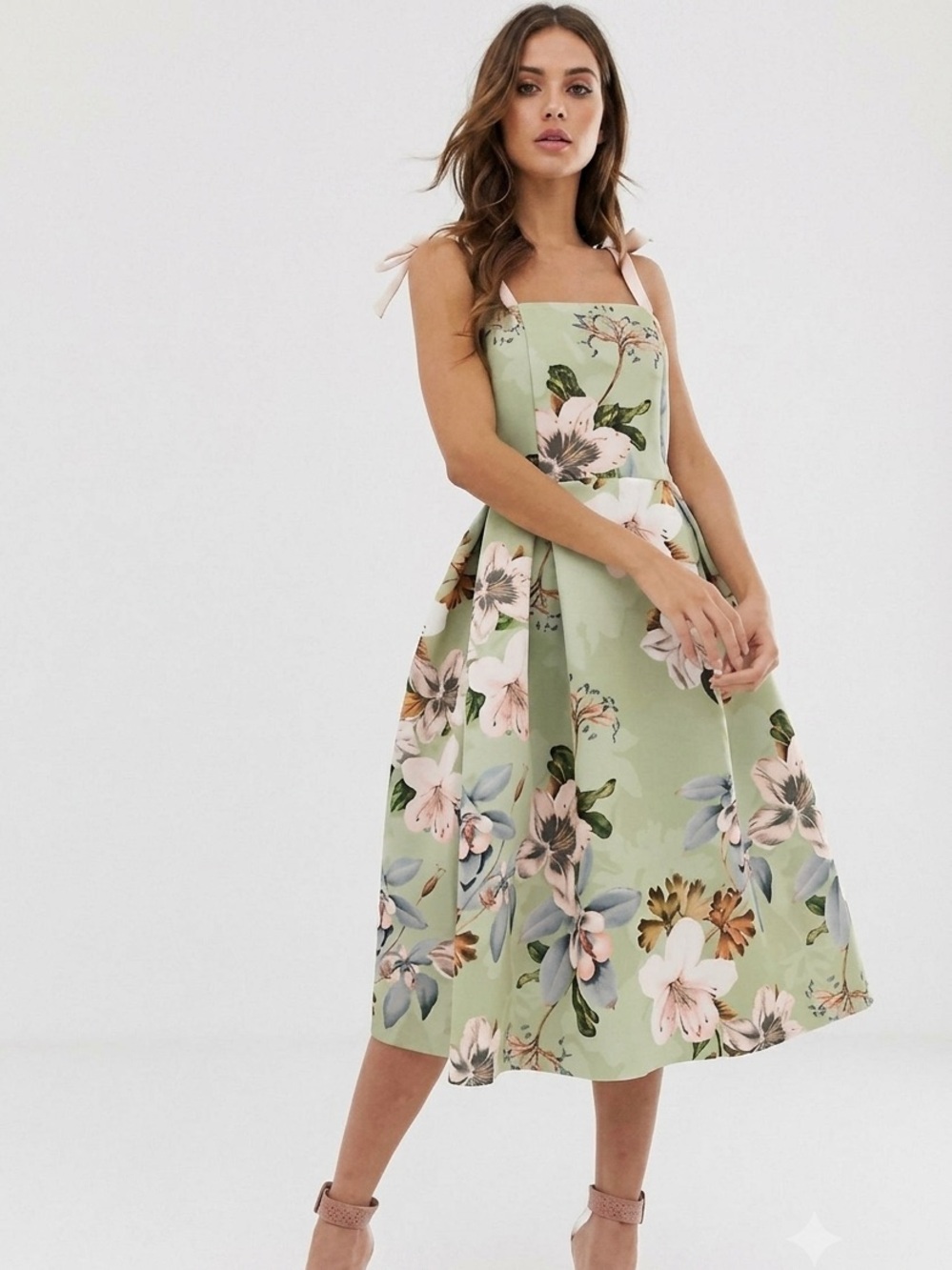 NWT ASOS Tie Shoulder Pleated Scuba Midi Dress | Sage Green Floral | Size 4